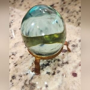 Vintage Glass Egg on Stand Turquise Blue Green Hue